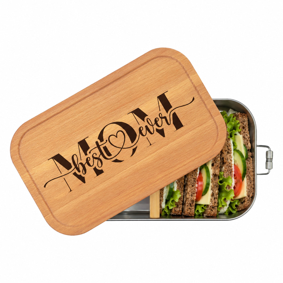 Personalisierte Brotdose mit Buchenholzdeckel und Gravur „Best Mom Ever“