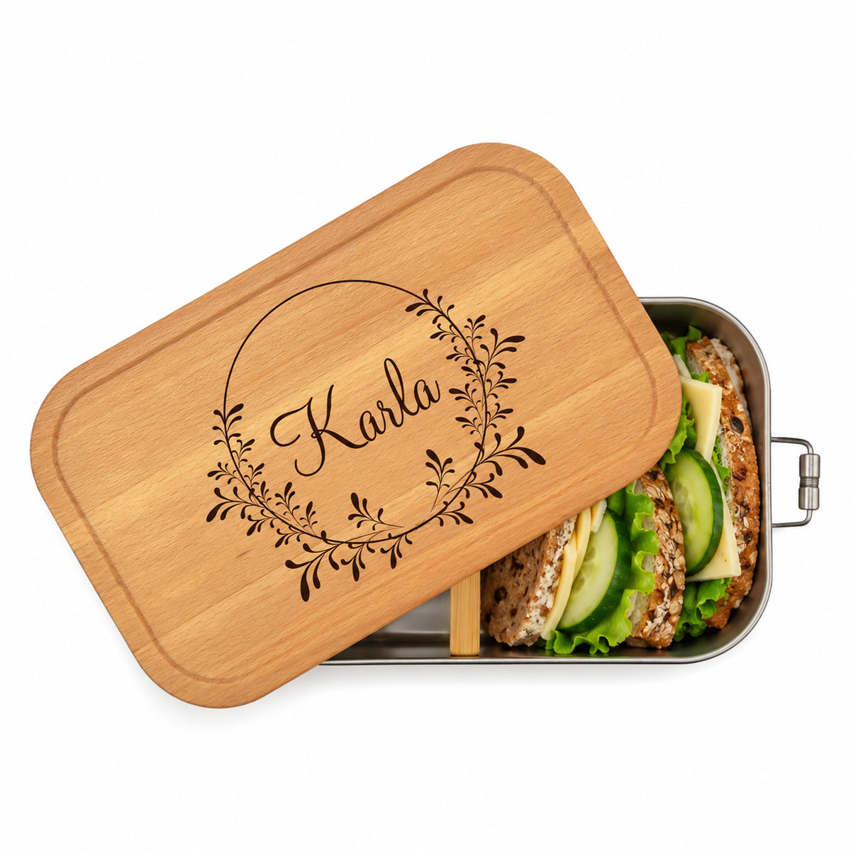 Personalisierte Brotdose mit Buchenholzdeckel und Gravur „Blumenkranz“