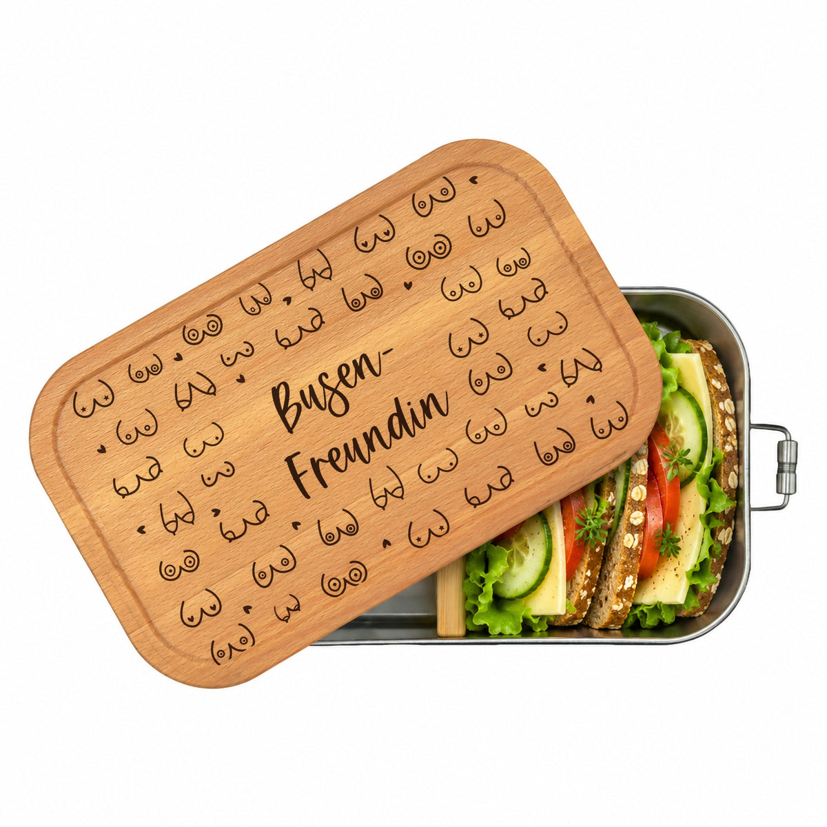 Personalisierte Brotdose mit Buchenholzdeckel und Gravur „Boobs“