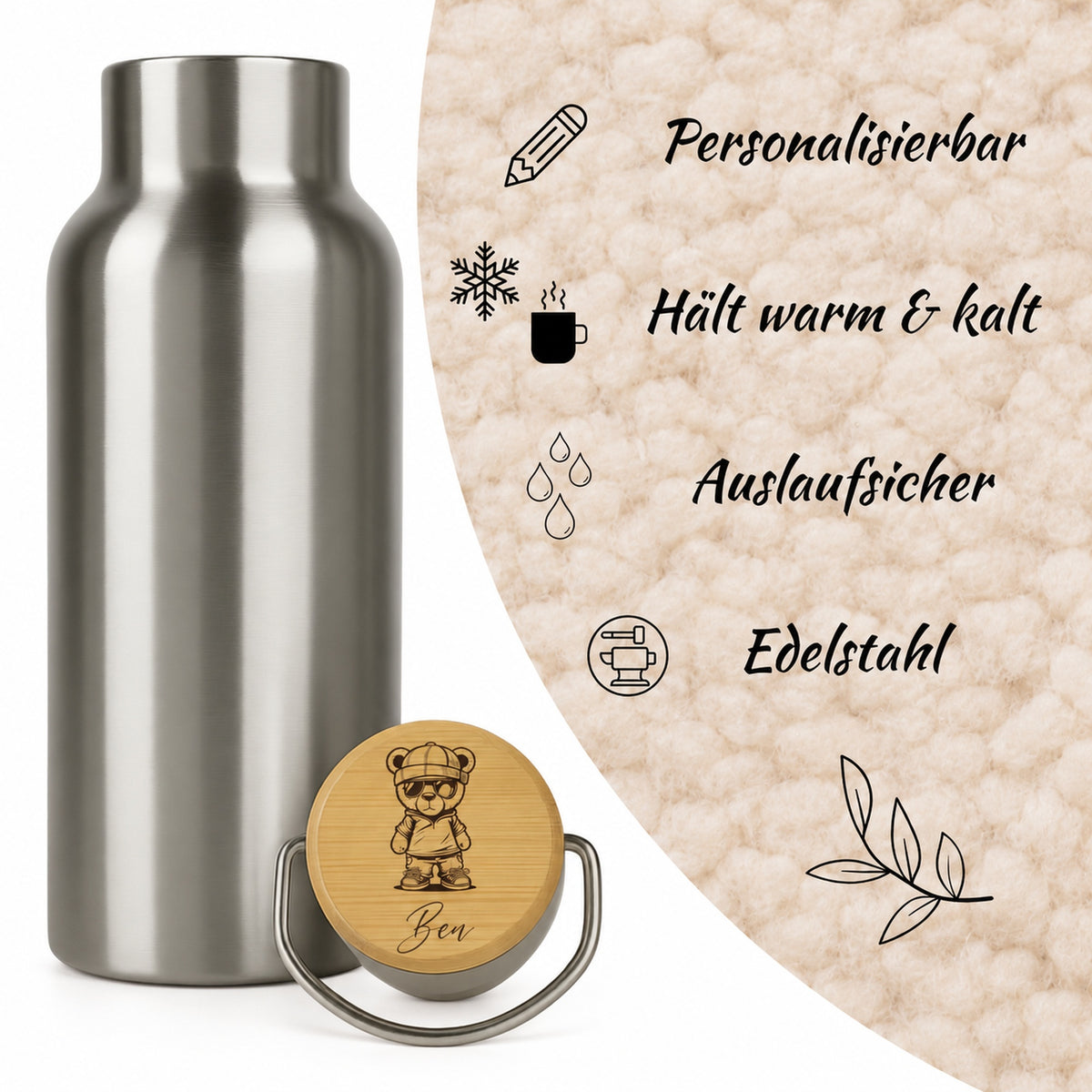 Edelstahl-Trinkflasche mit Holzdeckel und Gravur „Cool Teddy“