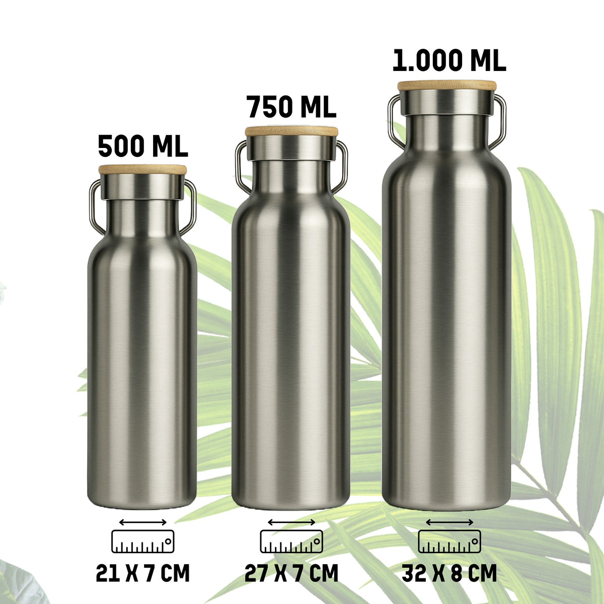 Trinkflaschen 500 ml, 750 ml und 1.000 ml im Größenvergleich