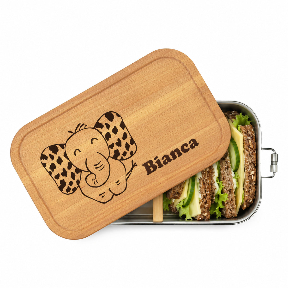 Personalisierte Brotdose mit Buchenholzdeckel und Gravur „Elefant“