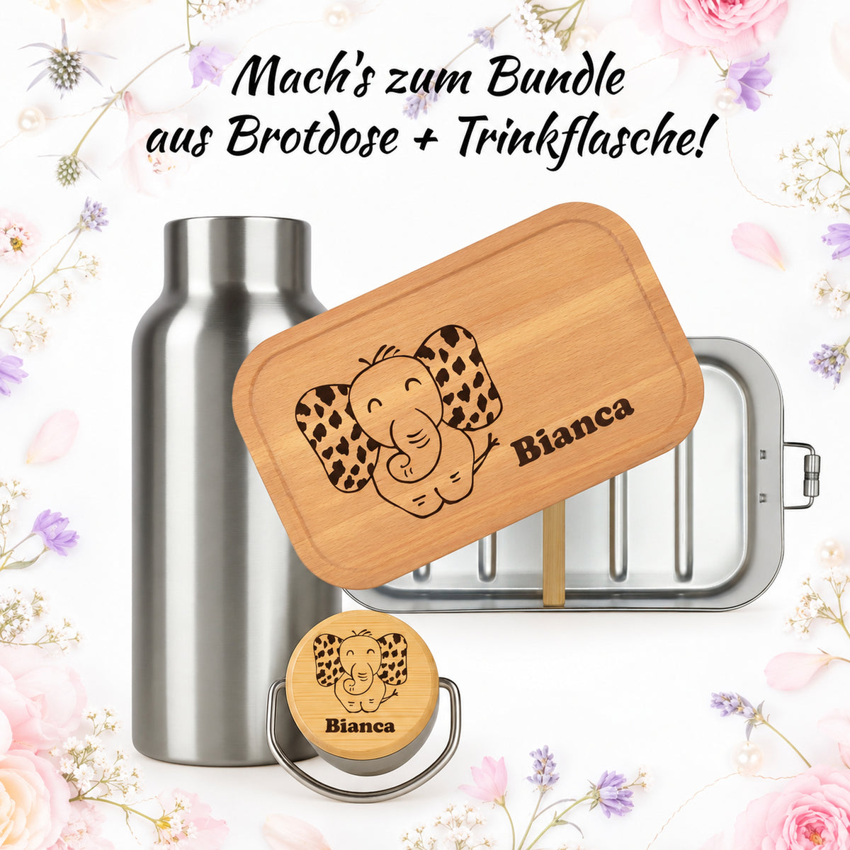 Brotdose mit Buchenholzdeckel und Trinkflasche als Bundle, Gravur „Elefant“