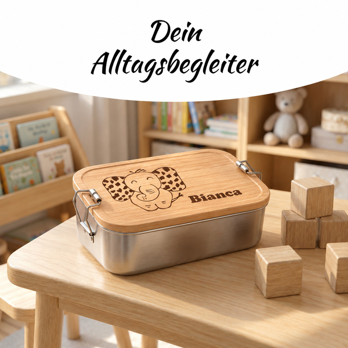 Brotdose mit Buchenholzdeckel und Gravur „Elefant“ im Alltag