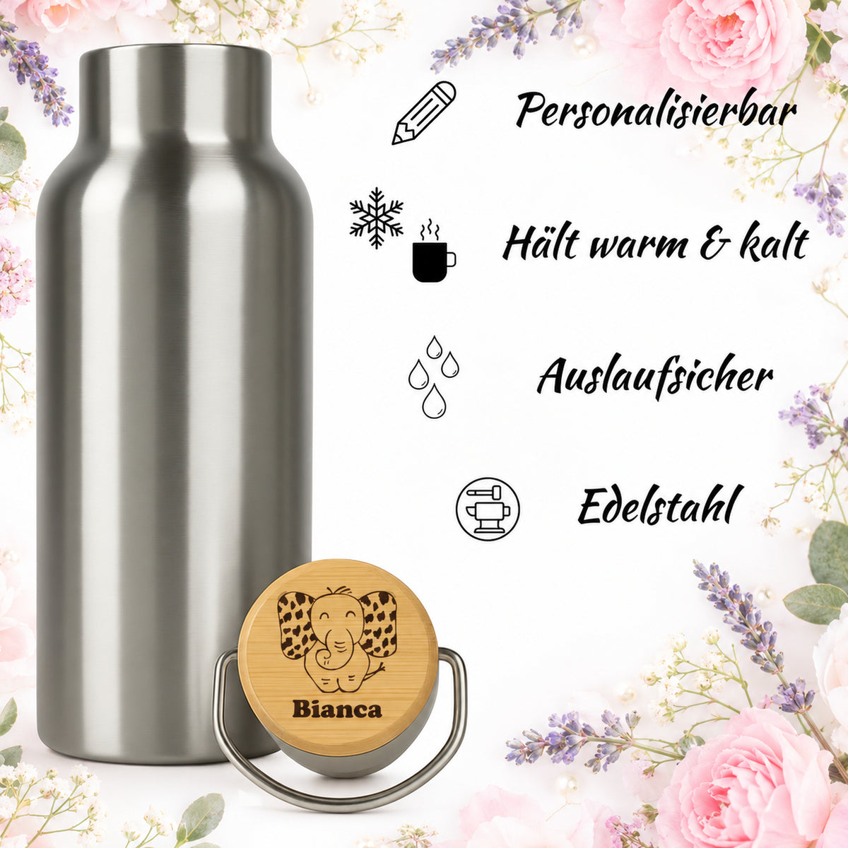 Edelstahl-Trinkflasche mit Holzdeckel und Gravur „Elefant“