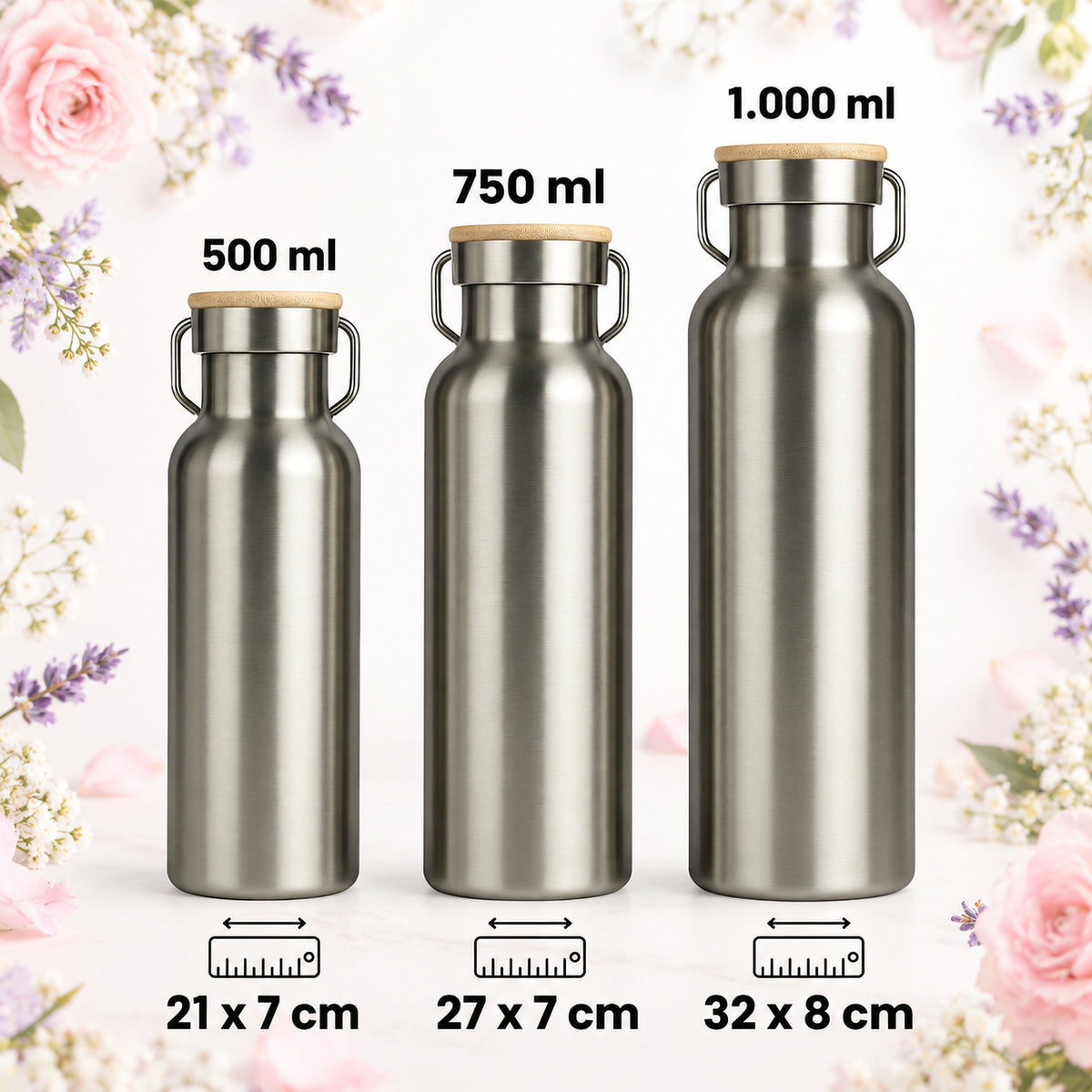 Trinkflaschen 500 ml, 750 ml und 1.000 ml im Größenvergleich