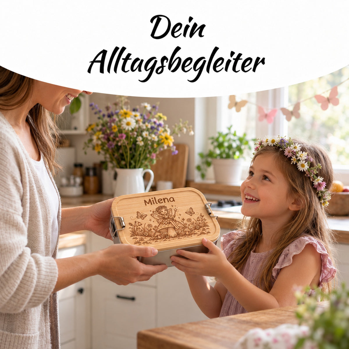 Brotdose mit Buchenholzdeckel und Gravur „Elfe“ im Alltag