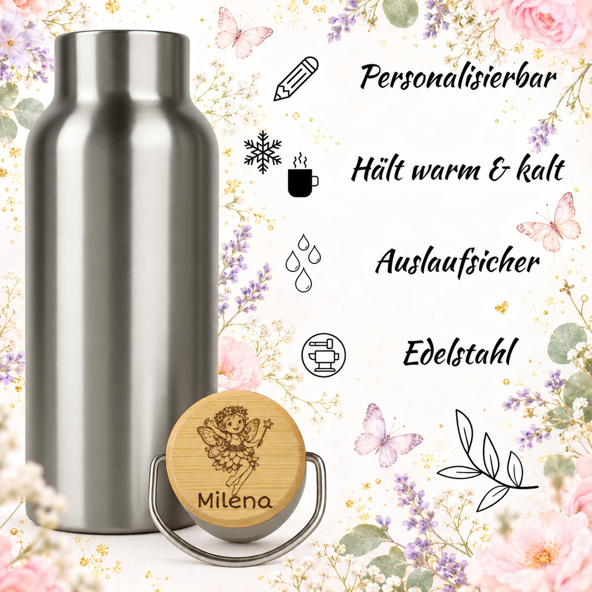 Edelstahl-Trinkflasche mit Holzdeckel und Gravur „Elfe“