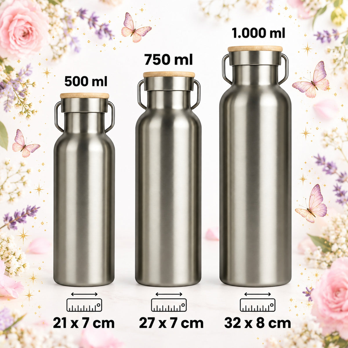 Trinkflaschen 500 ml, 750 ml und 1.000 ml im Größenvergleich