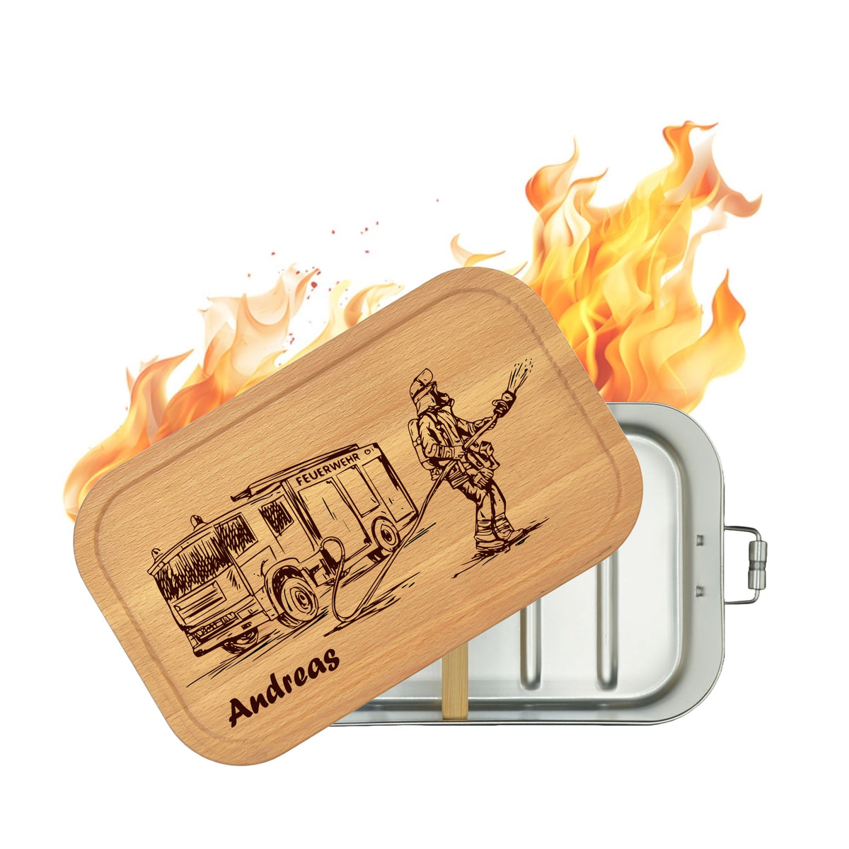 Personalisierte Brotdose mit Buchenholzdeckel, graviert mit Feuerwehr-Motiv und Name