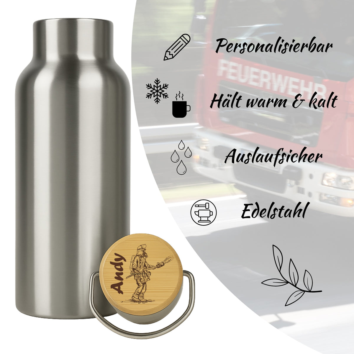 Edelstahl-Trinkflasche mit Holzdeckel und Feuerwehr-Gravur