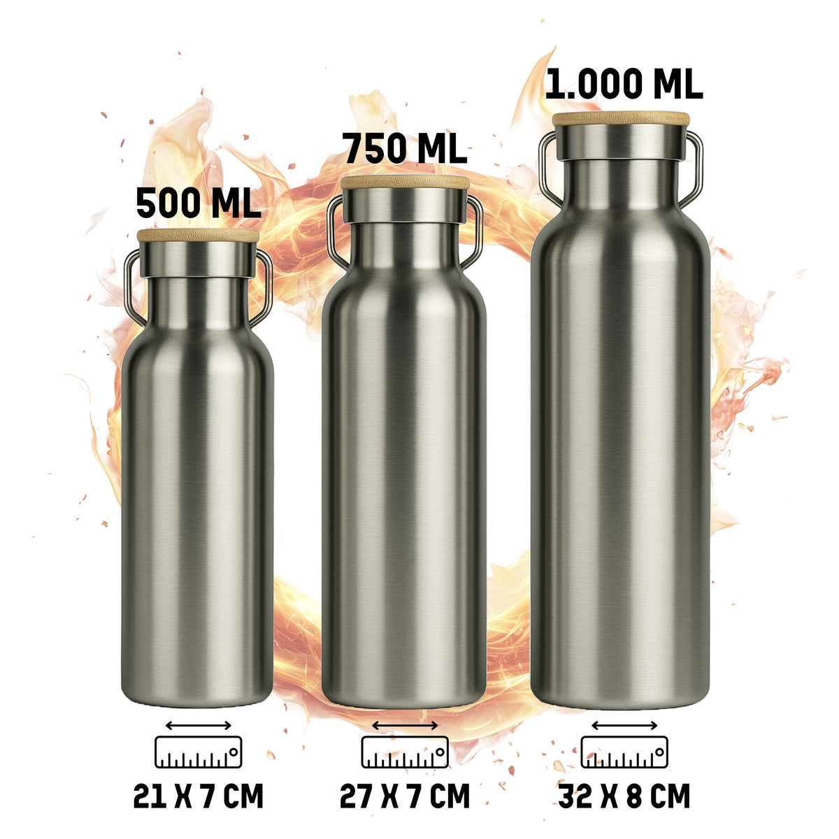 Trinkflaschen 500 ml, 750 ml und 1.000 ml im Größenvergleich