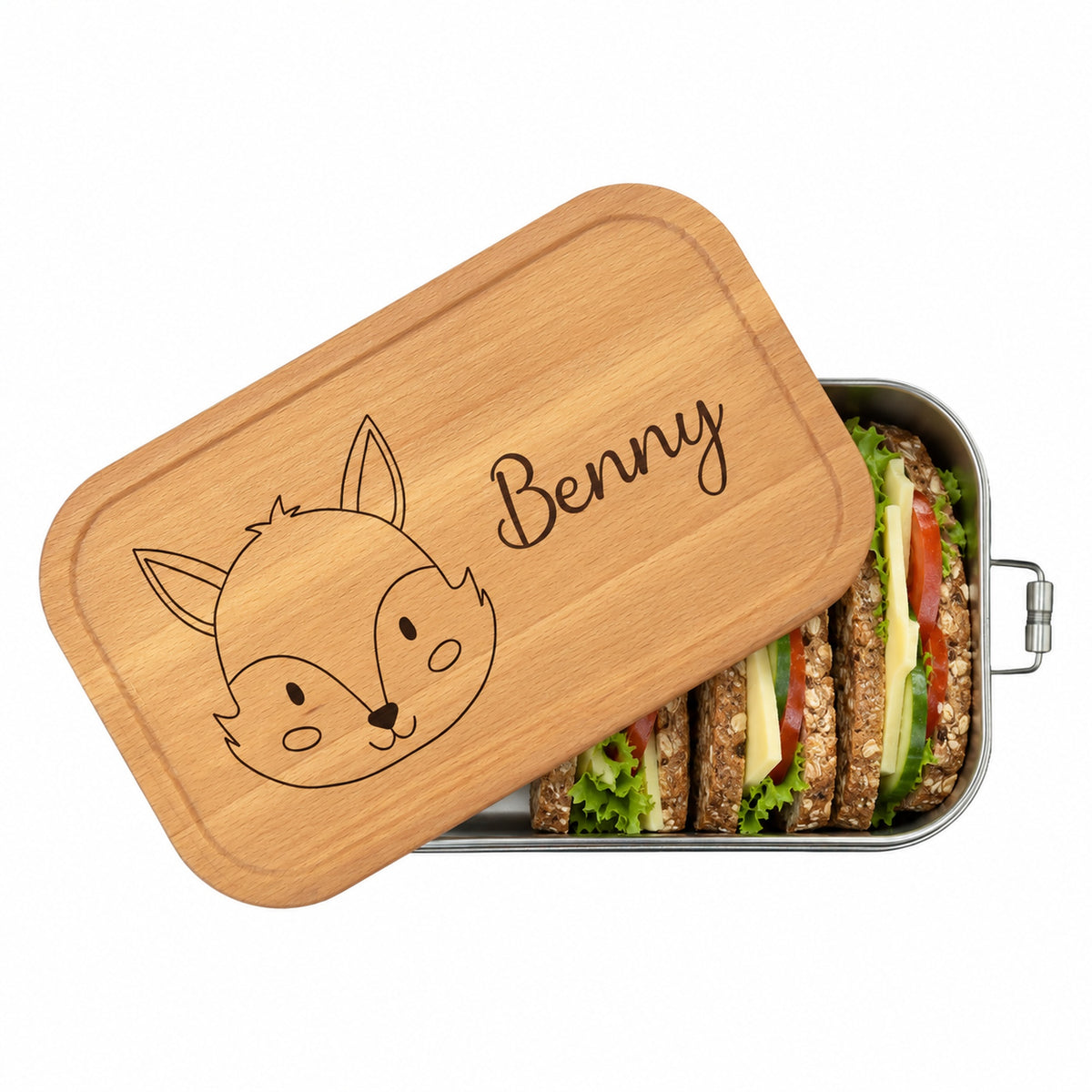 Personalisierte Brotdose mit Buchenholzdeckel und Gravur „Fuchs“