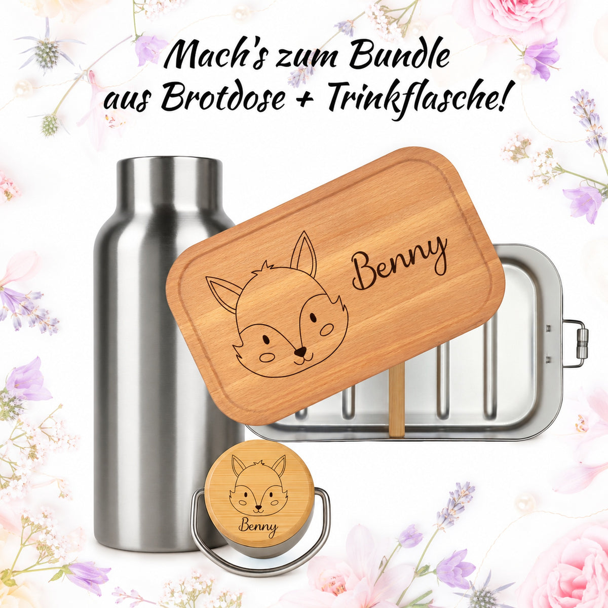 Brotdose mit Buchenholzdeckel und Trinkflasche als Bundle, Gravur „Fuchs“