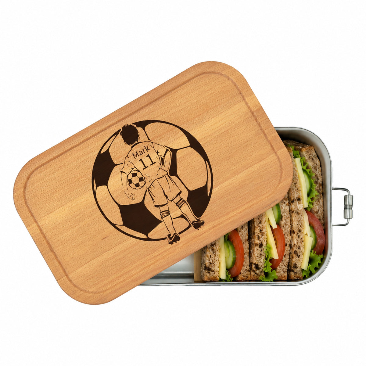 Personalisierte Brotdose mit Buchenholzdeckel und Gravur „Fußballer“