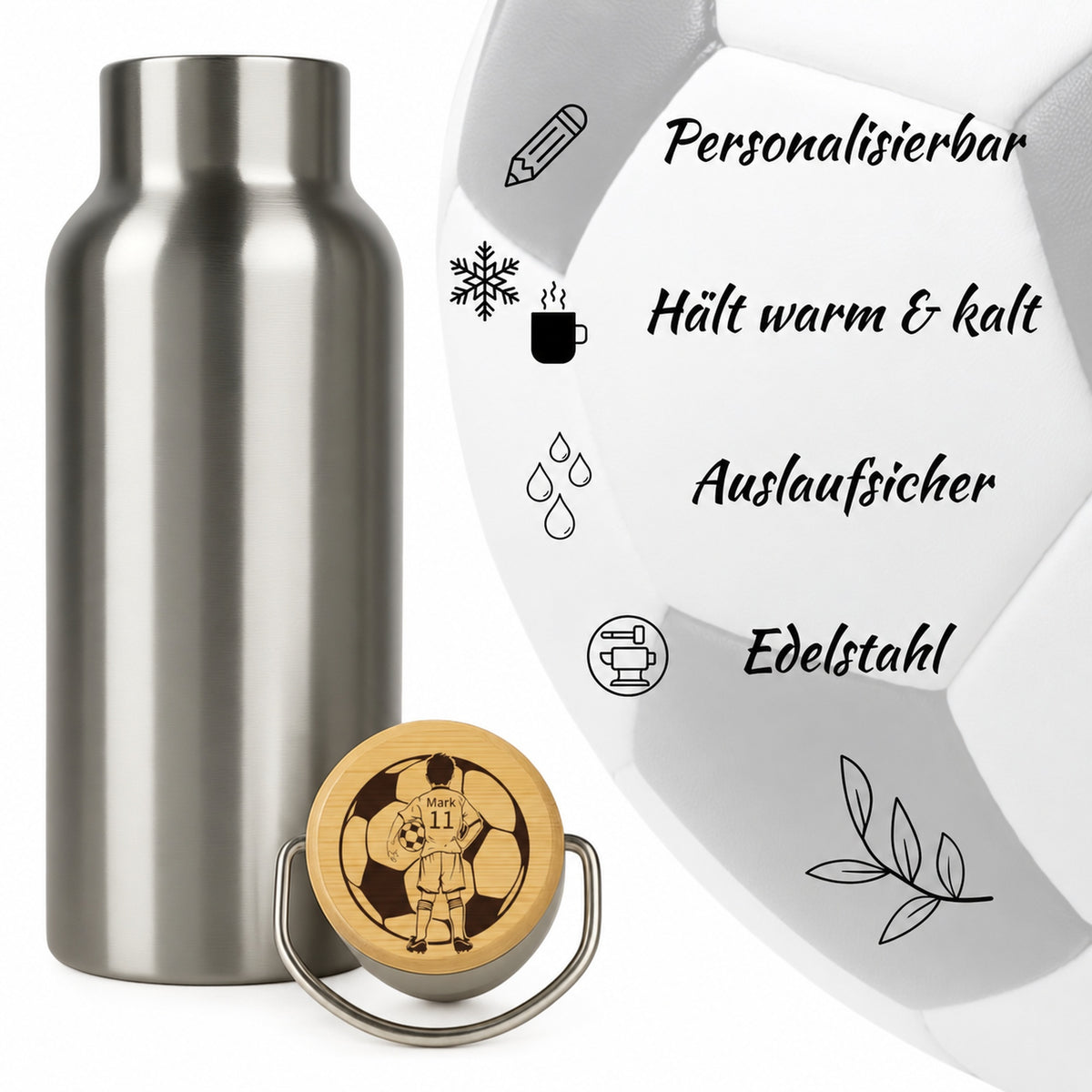 Edelstahl-Trinkflasche mit Holzdeckel und Gravur „Fußballer“