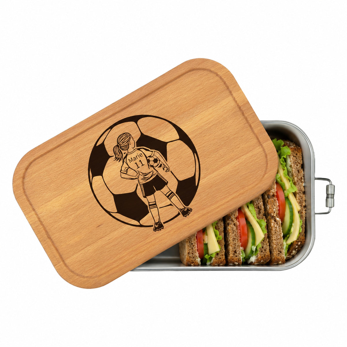 Personalisierte Brotdose mit Buchenholzdeckel und Gravur „Fußballerin“
