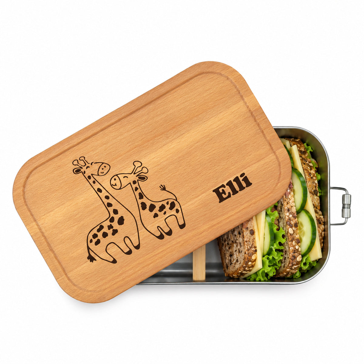 Personalisierte Brotdose mit Buchenholzdeckel und Gravur „Giraffen“