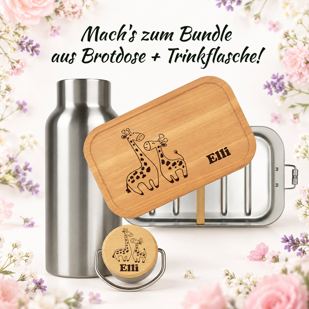 Brotdose mit Buchenholzdeckel und Trinkflasche als Bundle, Gravur „Giraffen“