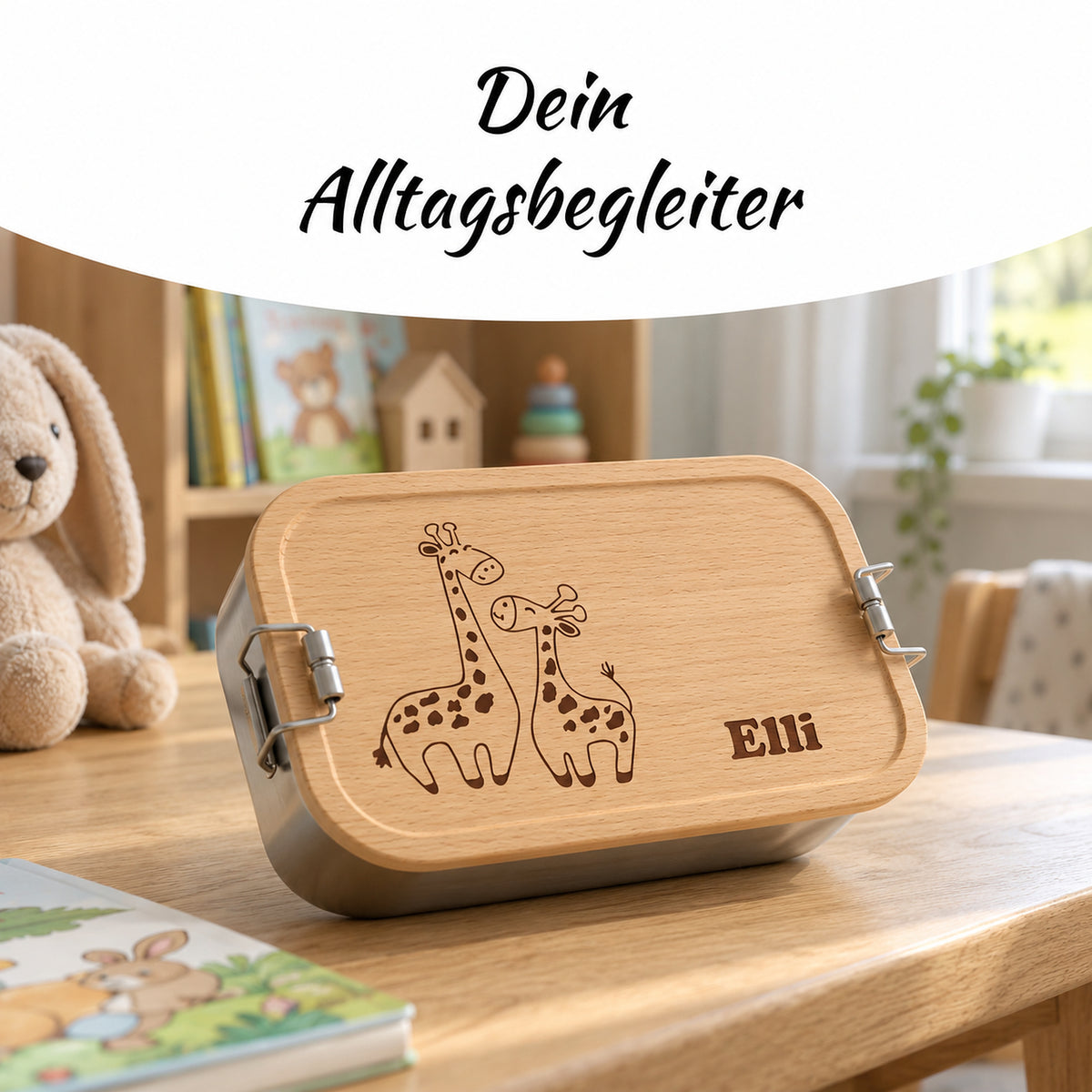 Brotdose mit Buchenholzdeckel und Gravur „Giraffen“ im Alltag