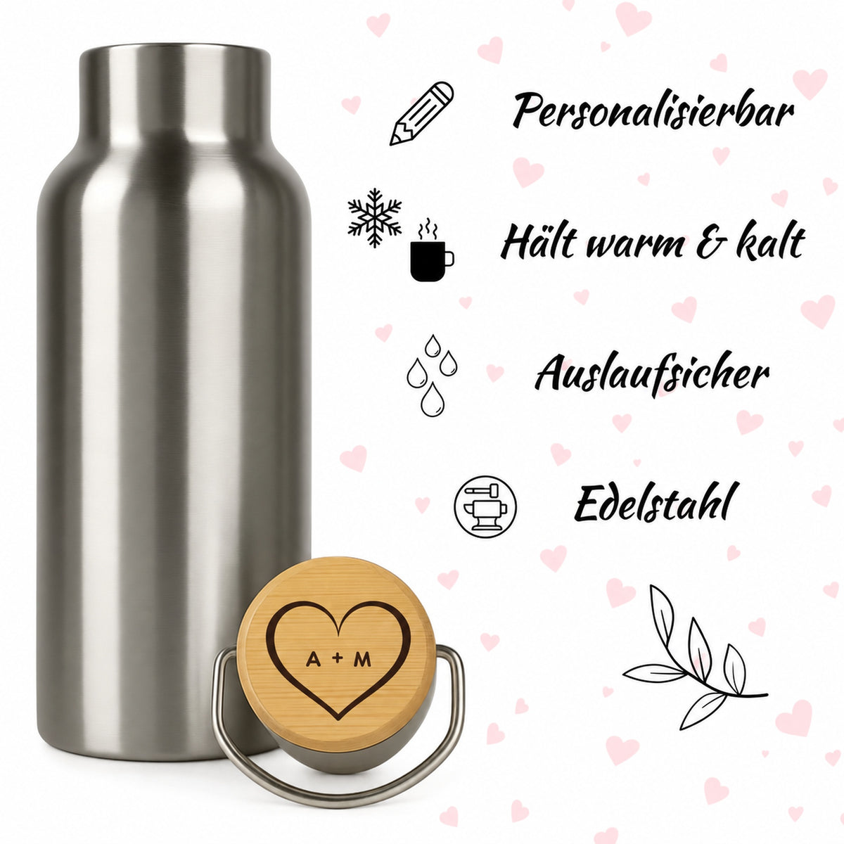 Edelstahl-Trinkflasche mit Holzdeckel und Gravur „Herz“