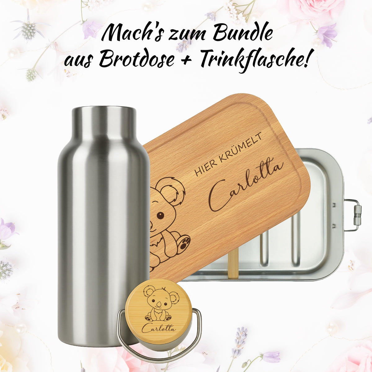 Brotdose mit Buchenholzdeckel und Trinkflasche als Bundle, Gravur „Koala“
