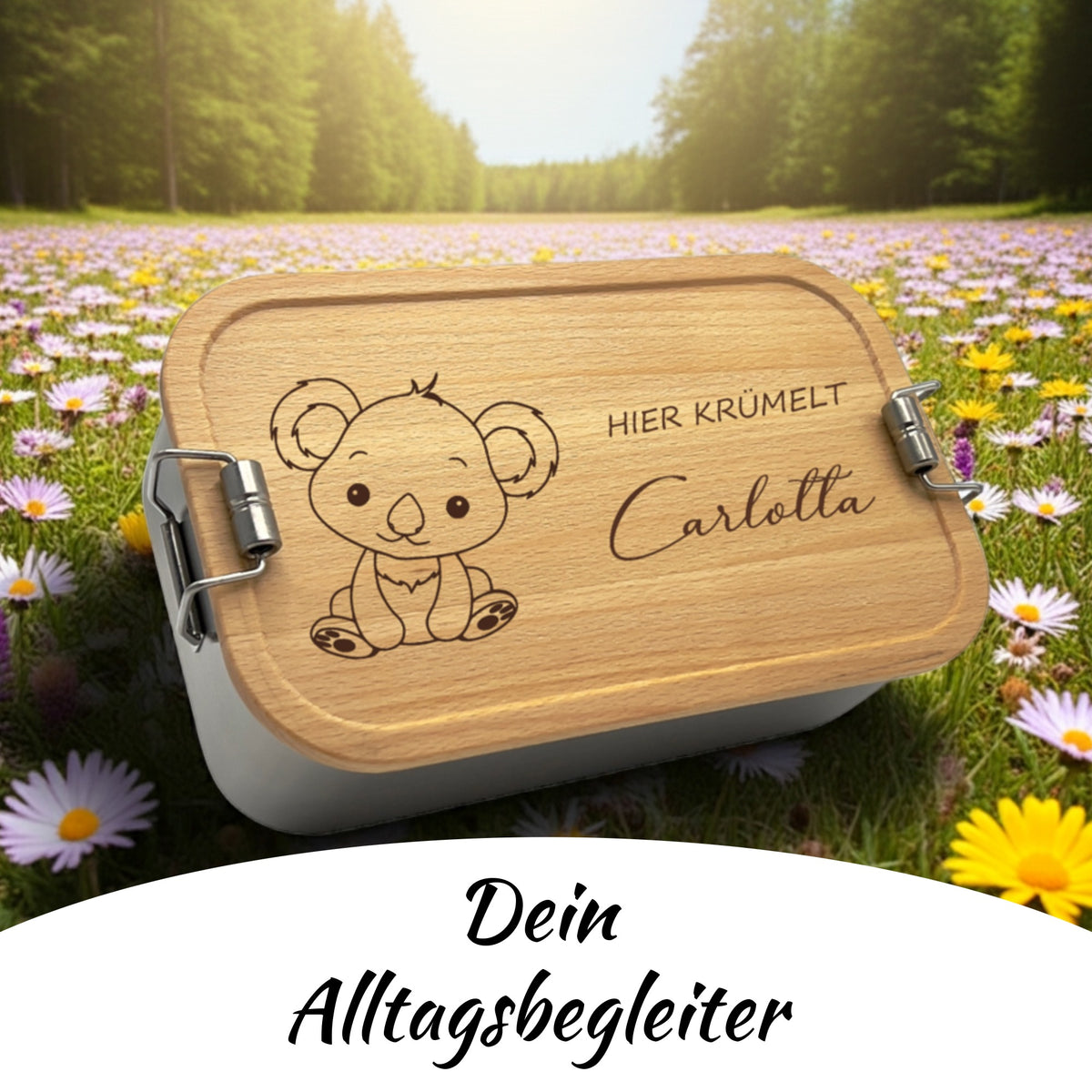 Brotdose mit Buchenholzdeckel und Gravur „Koala“ im Alltag