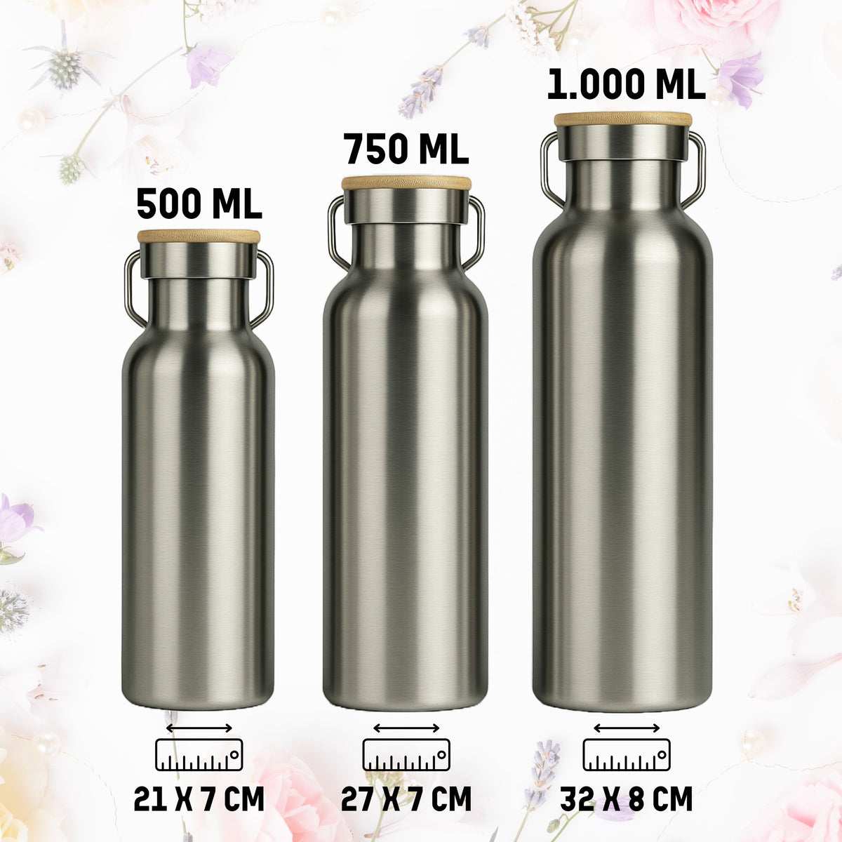 Trinkflaschen 500 ml, 750 ml und 1.000 ml im Größenvergleich