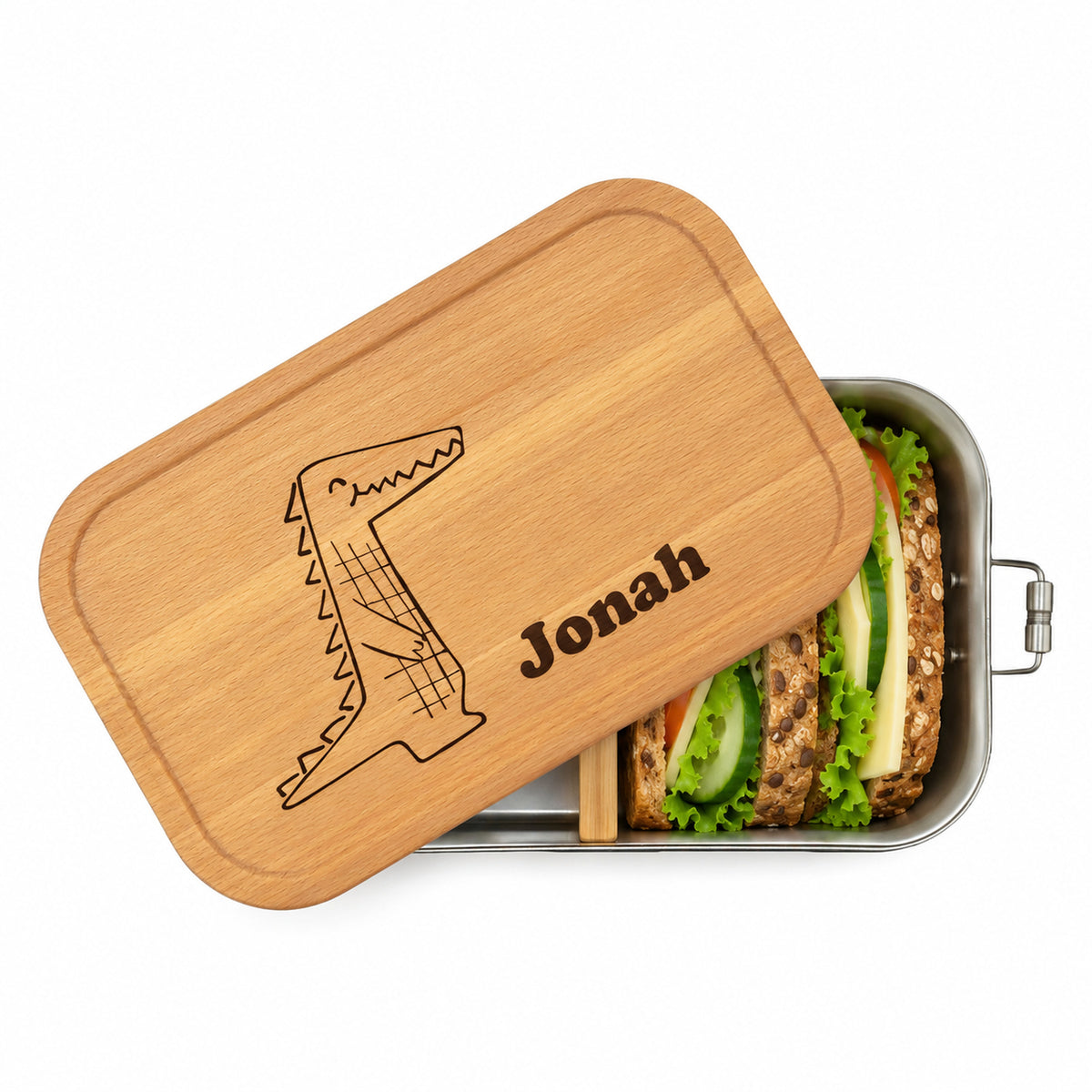 Personalisierte Brotdose mit Buchenholzdeckel und Gravur „Krokodil“