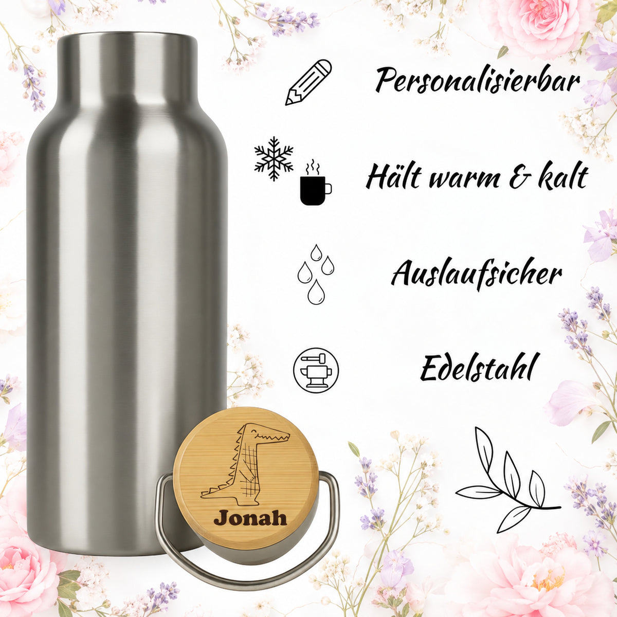Edelstahl-Trinkflasche mit Holzdeckel und Gravur „Krokodil“