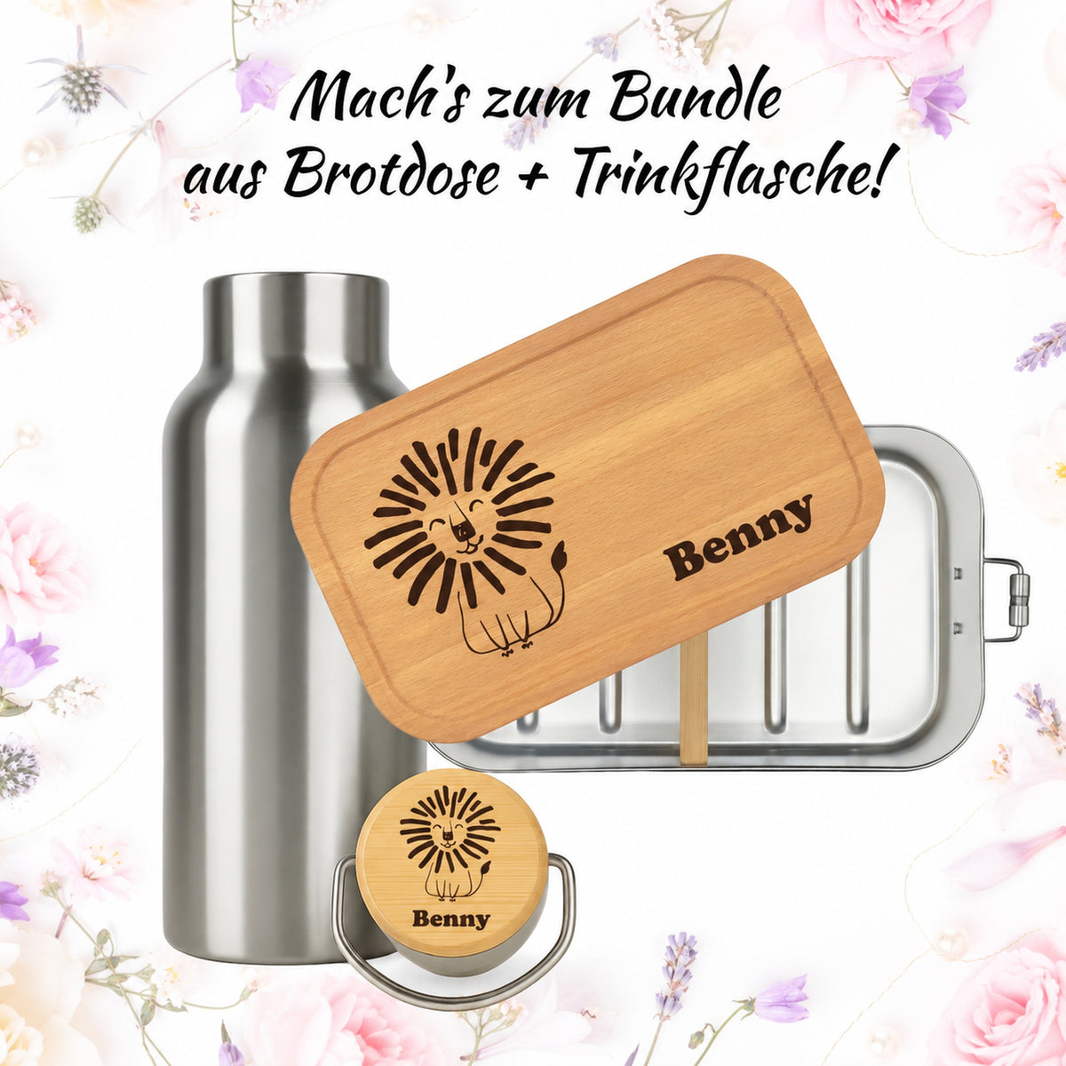 Brotdose mit Buchenholzdeckel und Trinkflasche als Bundle, Gravur „Löwe“