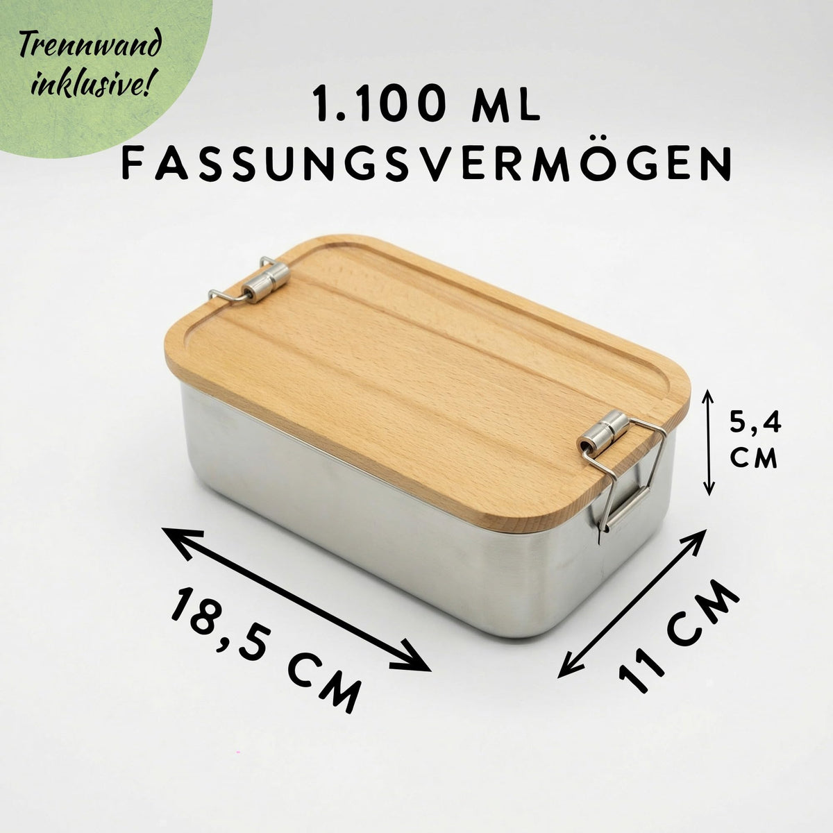 Edelstahl-Brotdose 1.100 ml mit Buchenholzdeckel, 18,5 × 11 × 5,4 cm, Trennwand inklusive