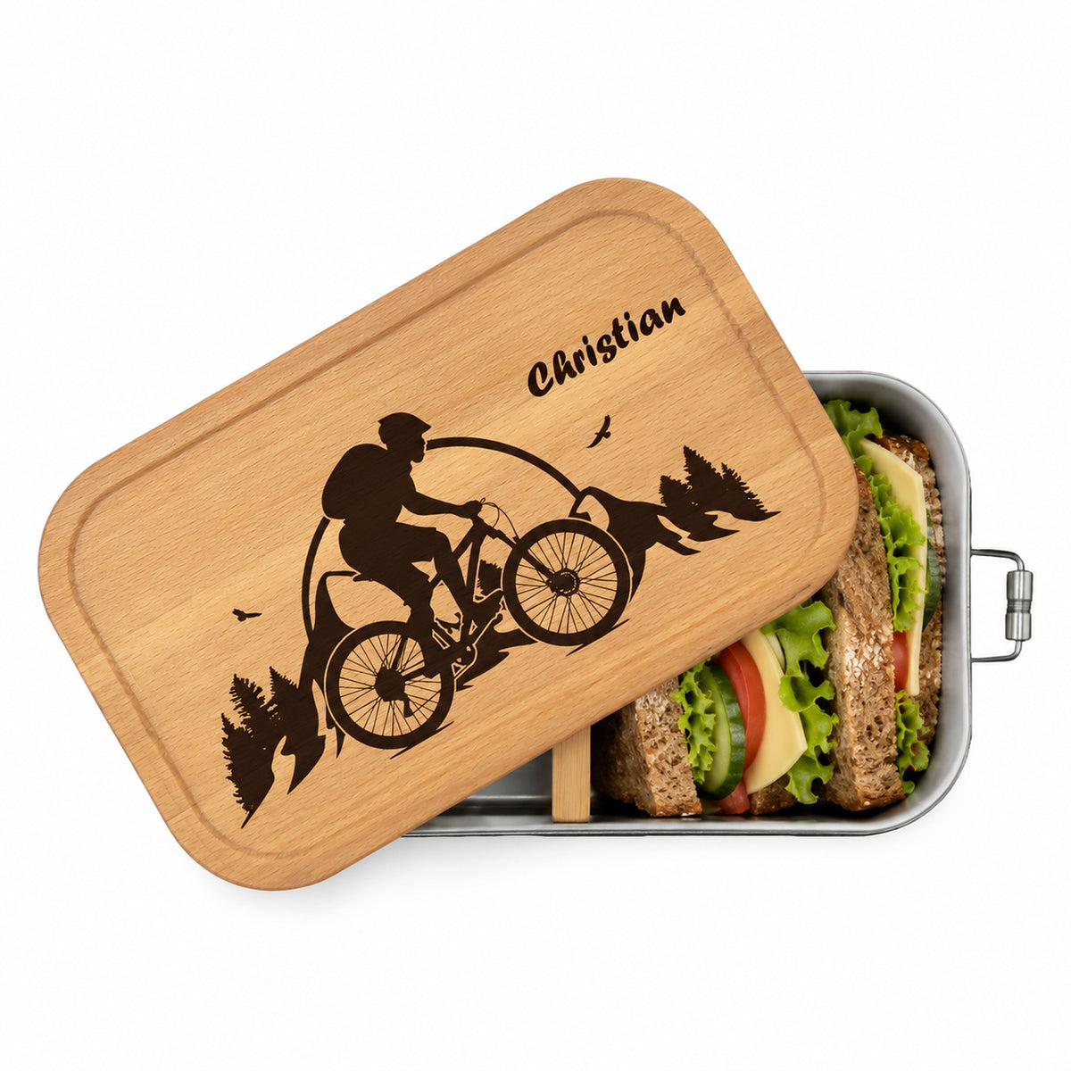 Personalisierte Brotdose mit Buchenholzdeckel und Gravur „Mountainbike“