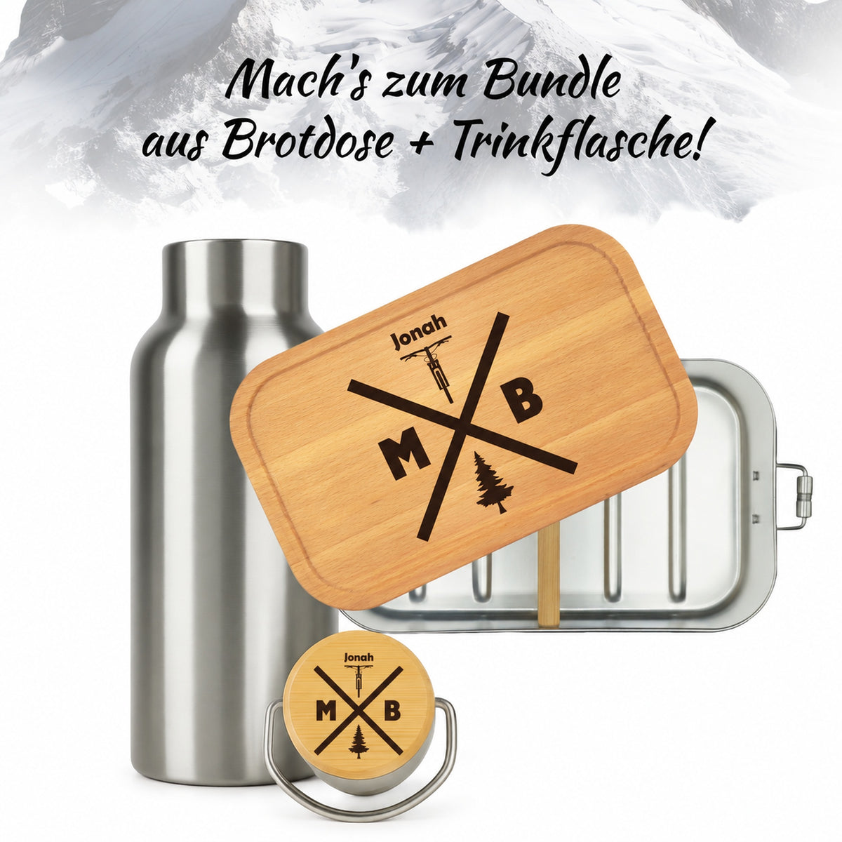 Brotdose mit Buchenholzdeckel und Trinkflasche als Bundle, Gravur „MTB“