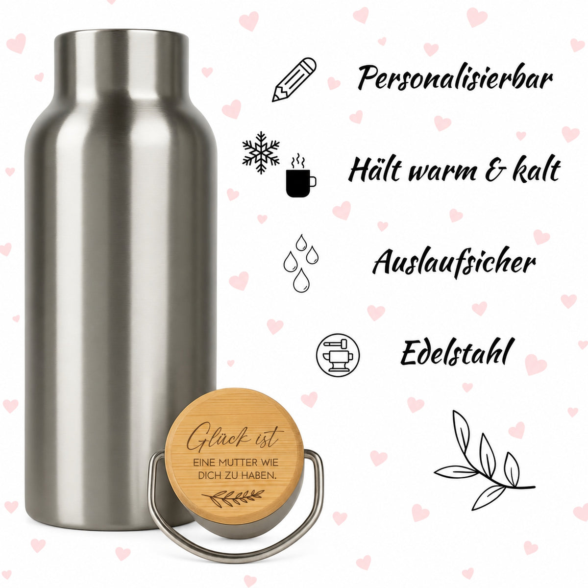 Edelstahl-Trinkflasche mit Holzdeckel und Gravur „Mutterglück“