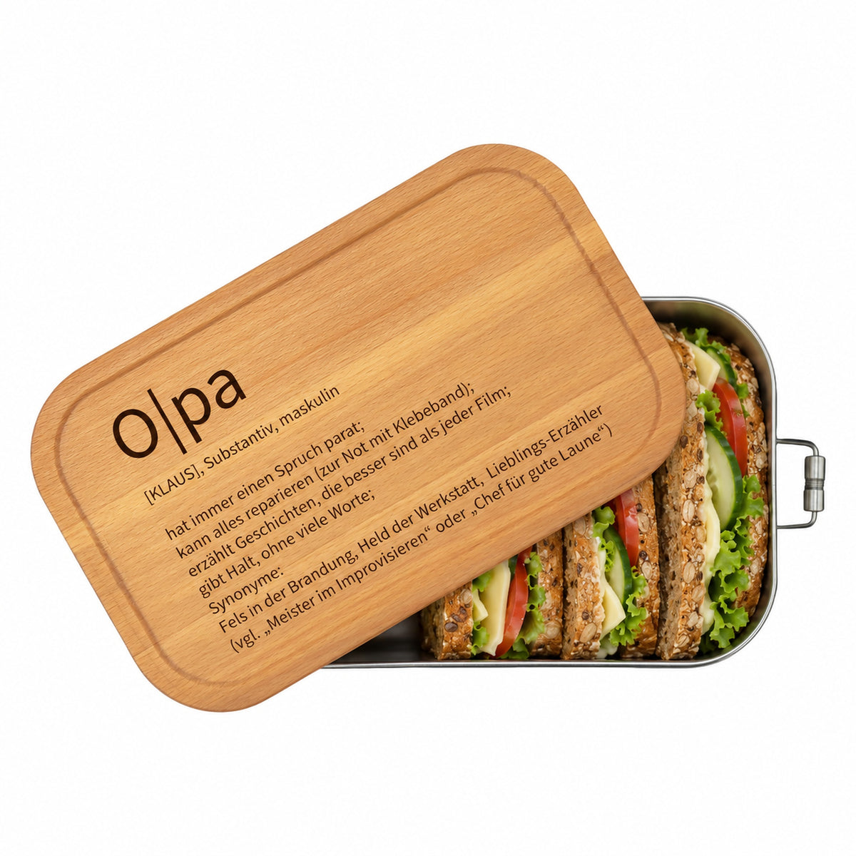 Personalisierte Brotdose mit Buchenholzdeckel und Gravur „Opa“