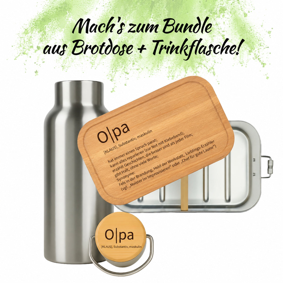 Brotdose mit Buchenholzdeckel und Trinkflasche als Bundle, Gravur „Opa“