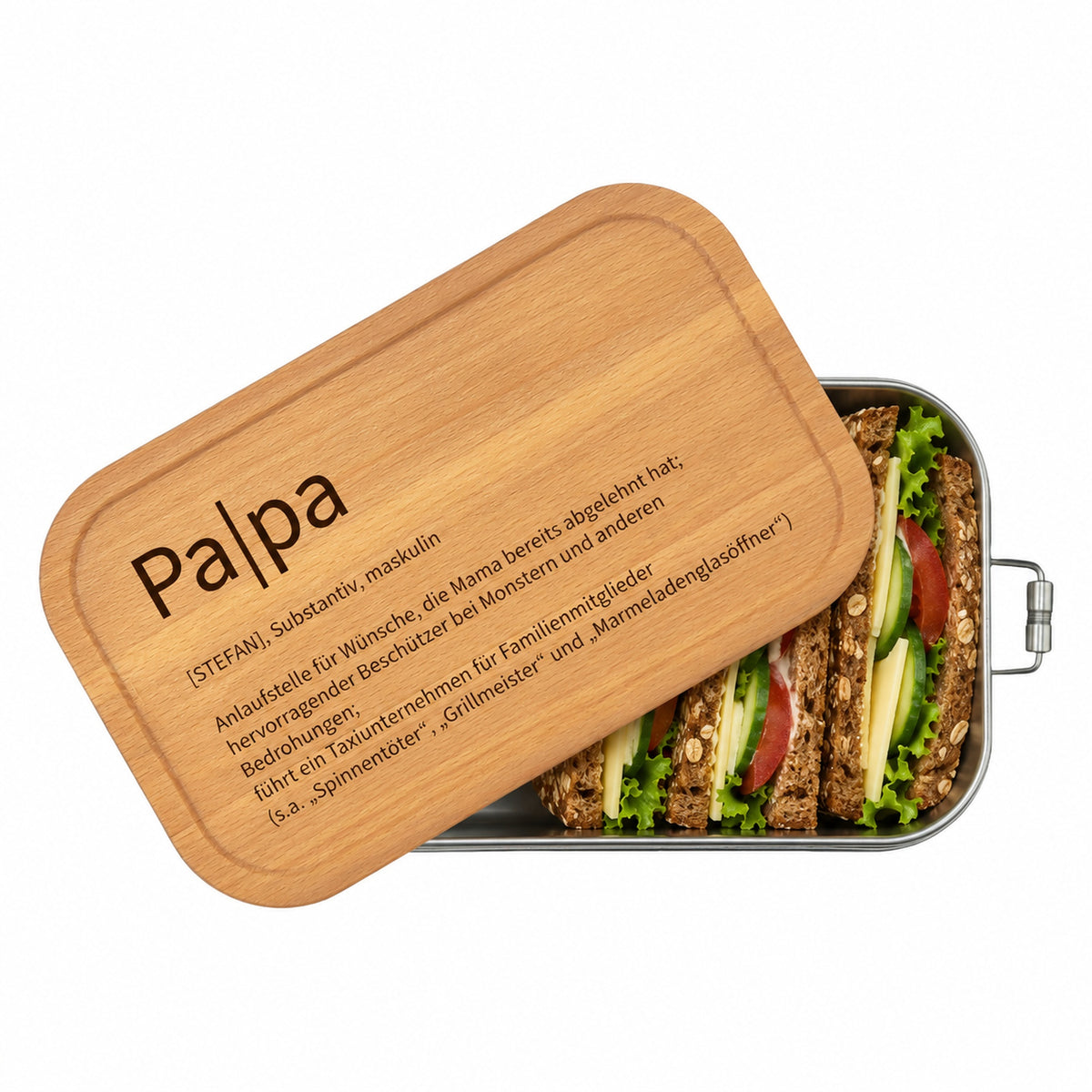 Personalisierte Brotdose mit Buchenholzdeckel und Gravur „Papa“
