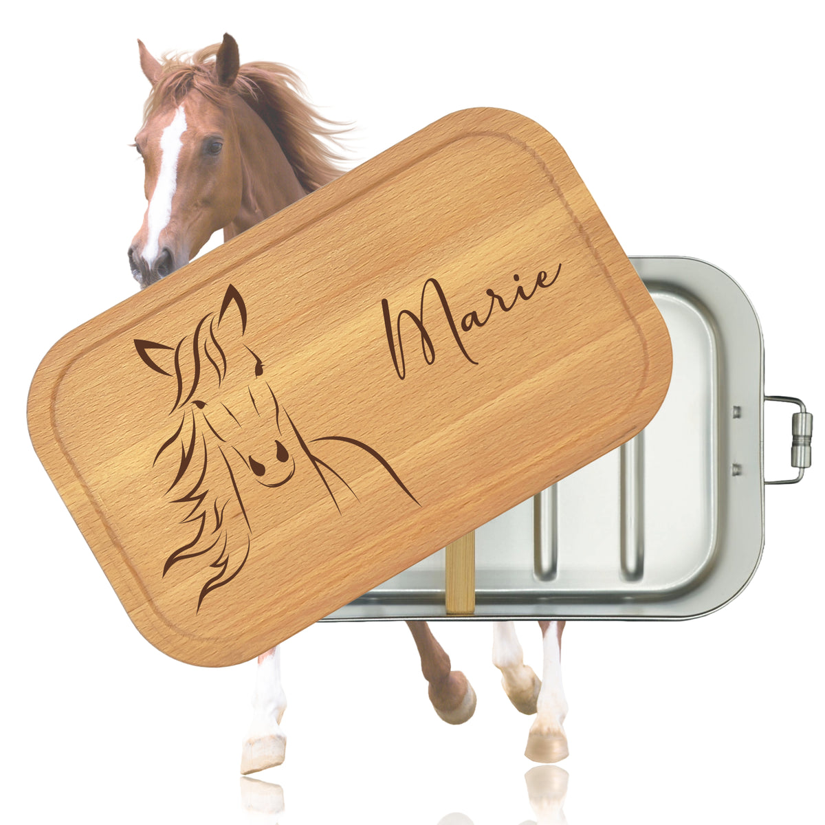 Personalisierte Brotdose mit Buchenholzdeckel, graviert mit Pferd-Motiv und Name