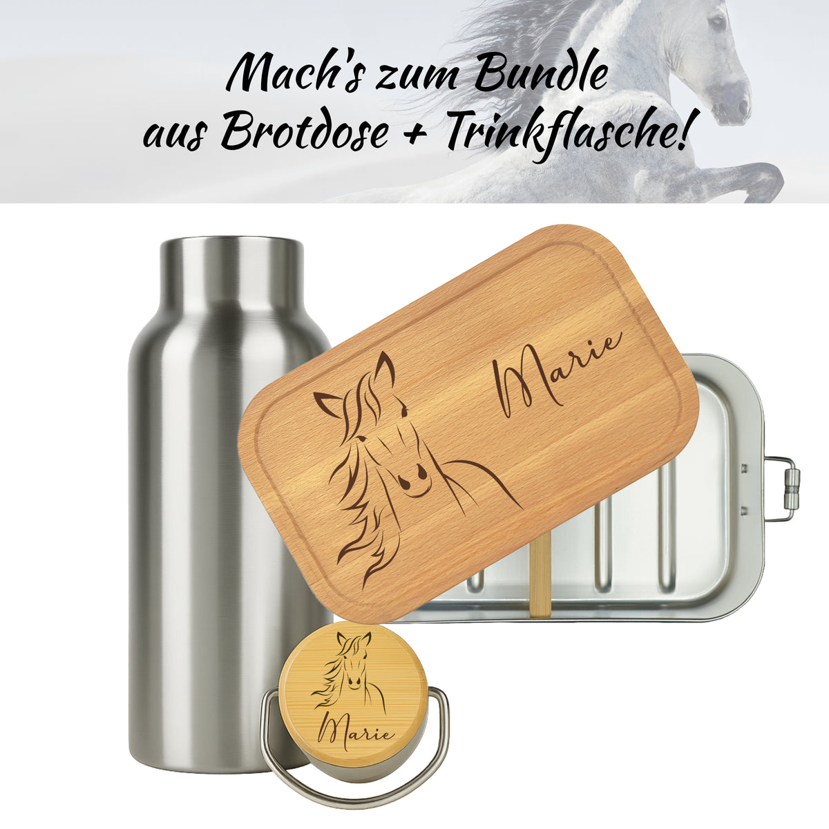 Brotdose mit Buchenholzdeckel und Trinkflasche als Bundle mit Pferd-Gravur