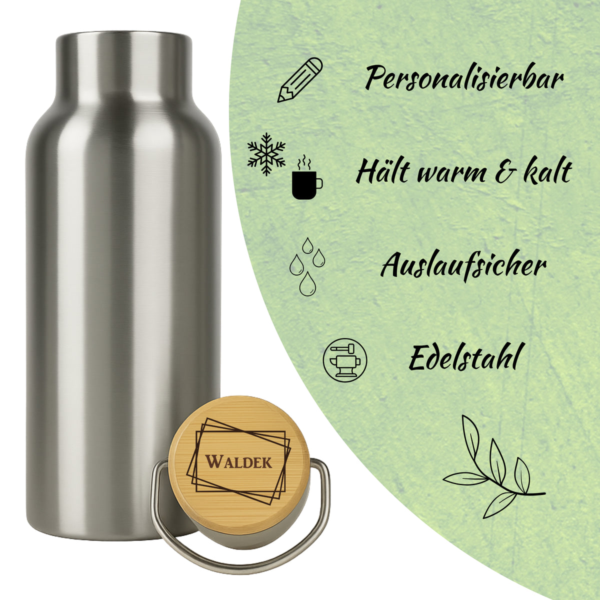 Edelstahl-Trinkflasche mit Holzdeckel und Rahmen-Gravur