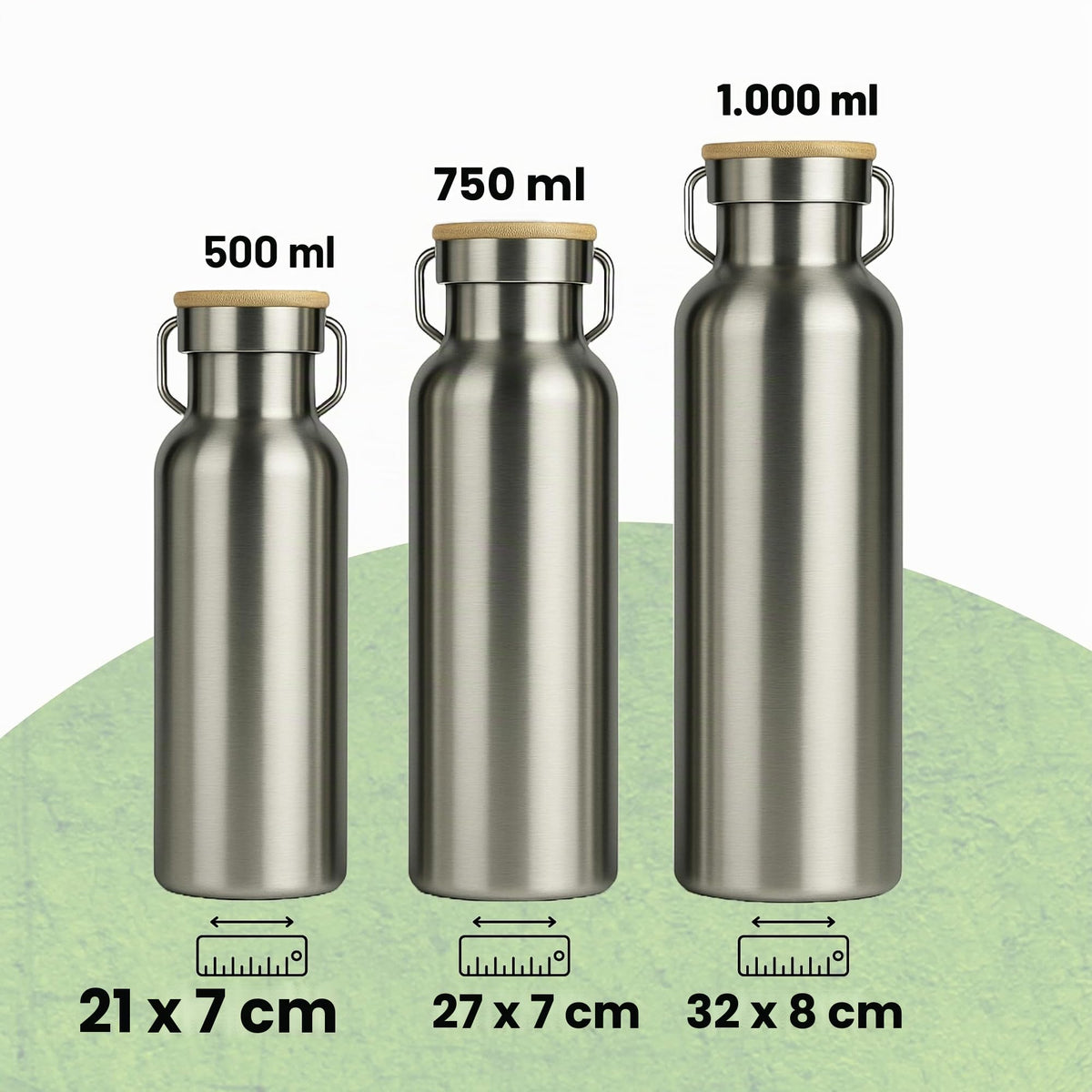 Trinkflaschen 500 ml, 750 ml und 1.000 ml im Größenvergleich