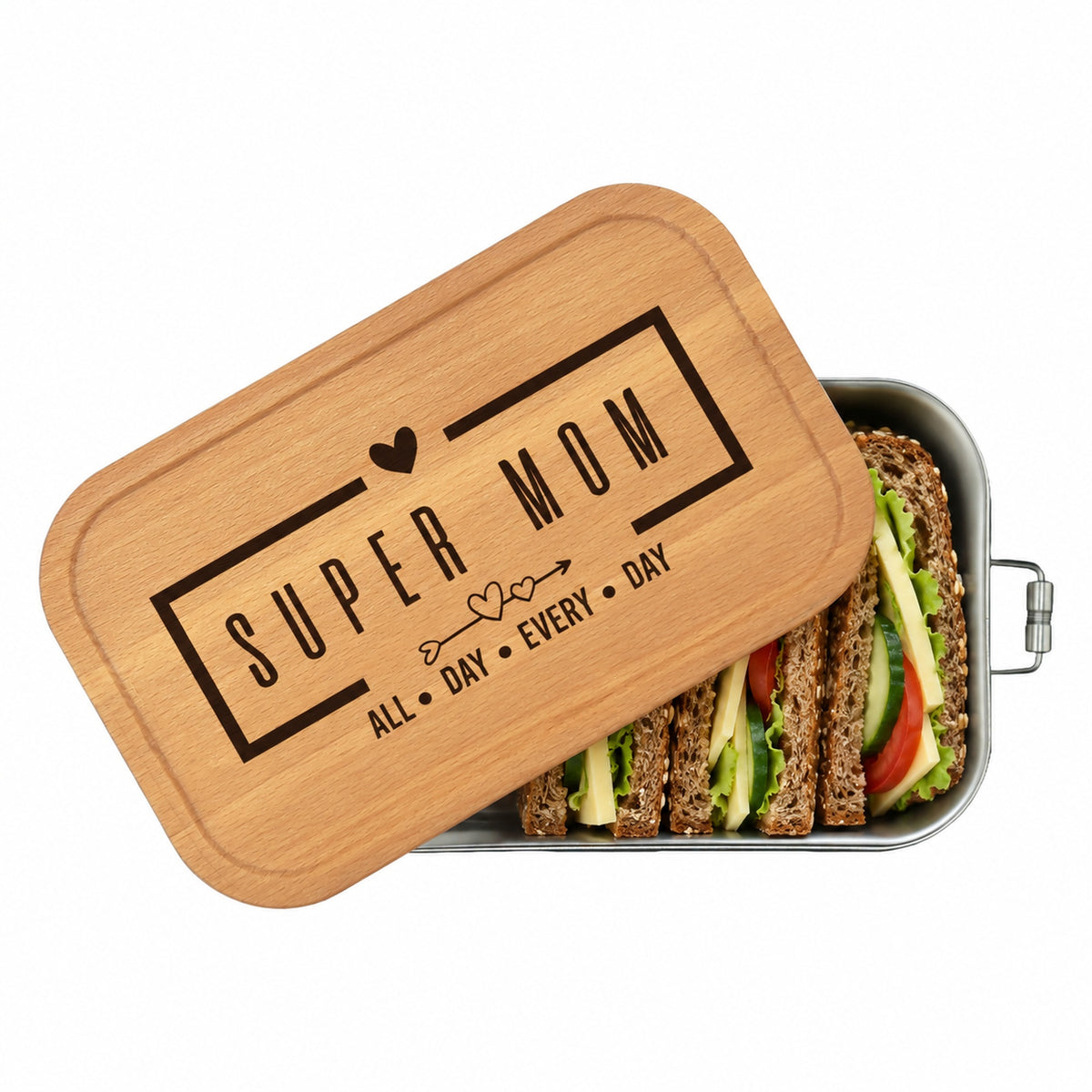 Personalisierte Brotdose mit Buchenholzdeckel und Gravur „Super Mom“