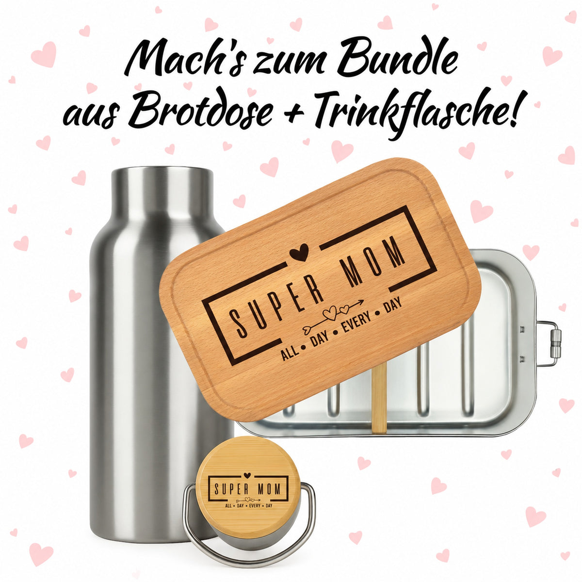 Brotdose mit Buchenholzdeckel und Trinkflasche als Bundle, Gravur „Super Mom“