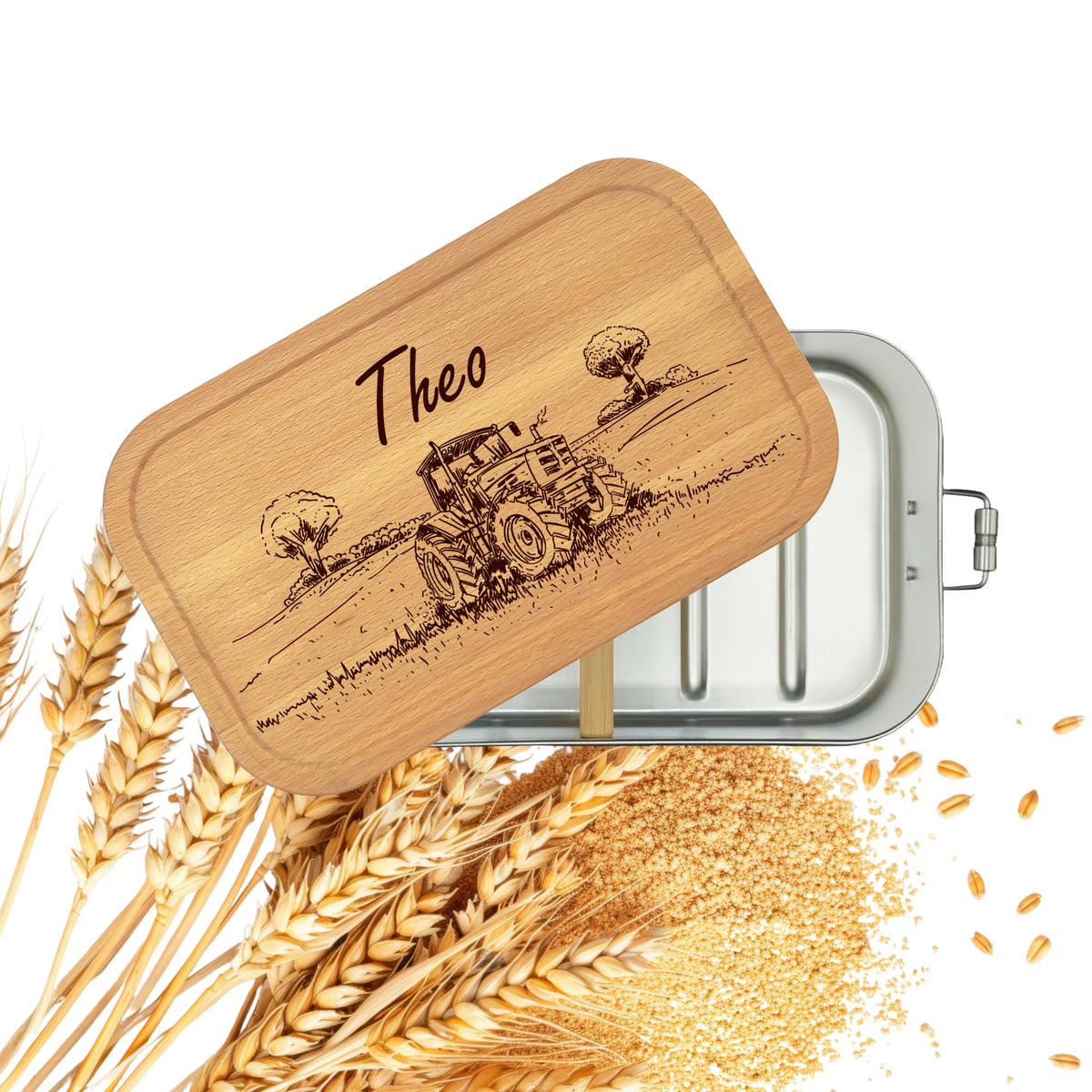 Personalisierte Brotdose mit Buchenholzdeckel, graviert mit Traktor-Motiv und Name