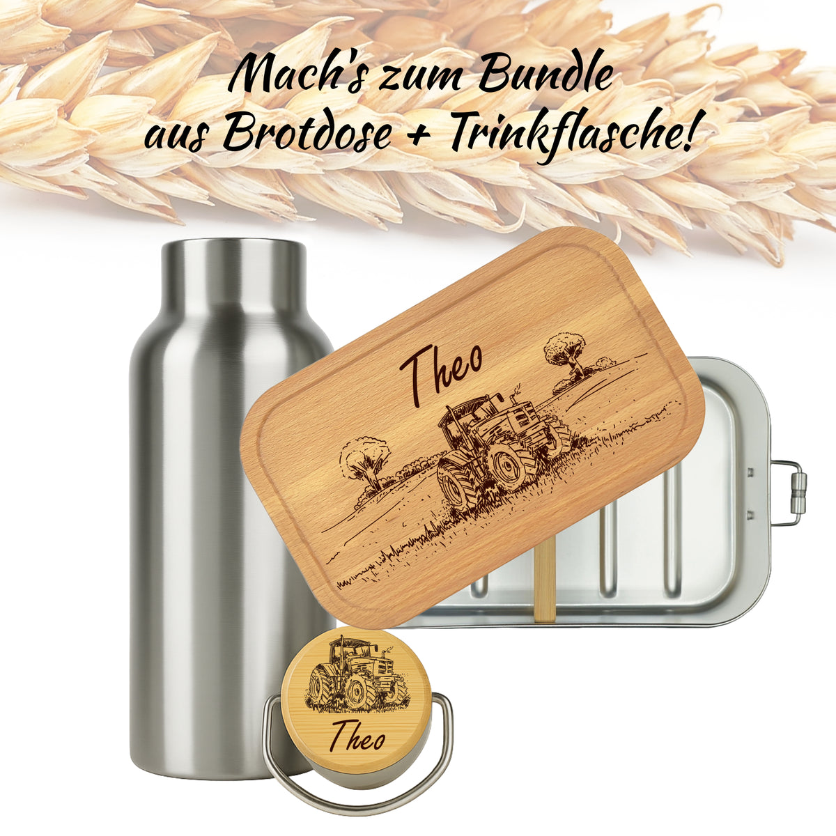 Brotdose mit Buchenholzdeckel und Trinkflasche als Bundle mit Traktor-Gravur