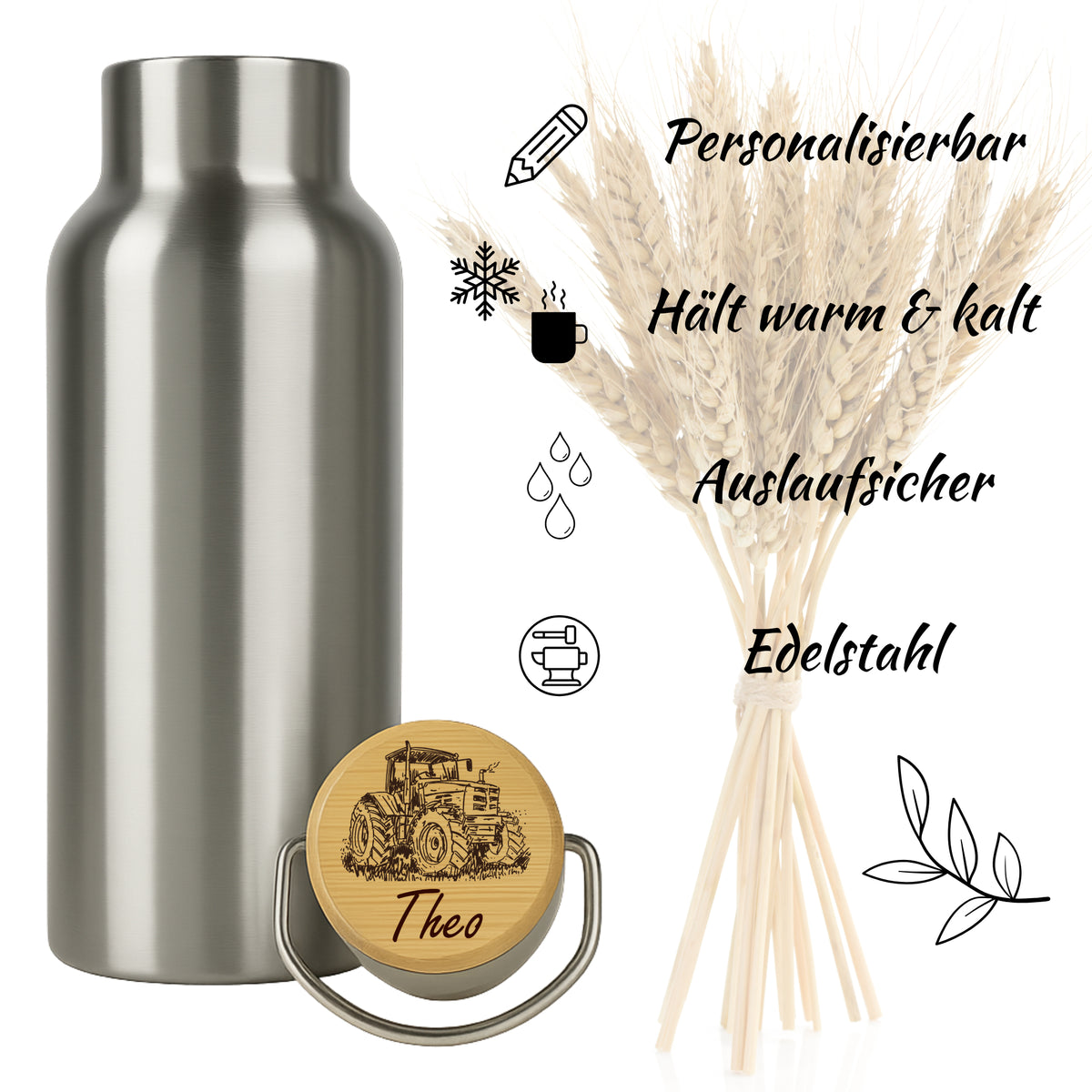 Edelstahl-Trinkflasche mit Holzdeckel und Traktor-Gravur