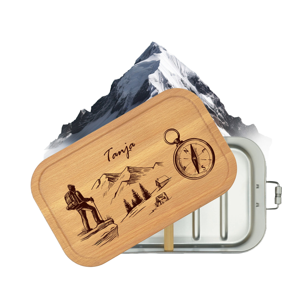 Personalisierte Brotdose mit Buchenholzdeckel, graviert mit Wanderlust-Motiv und Name