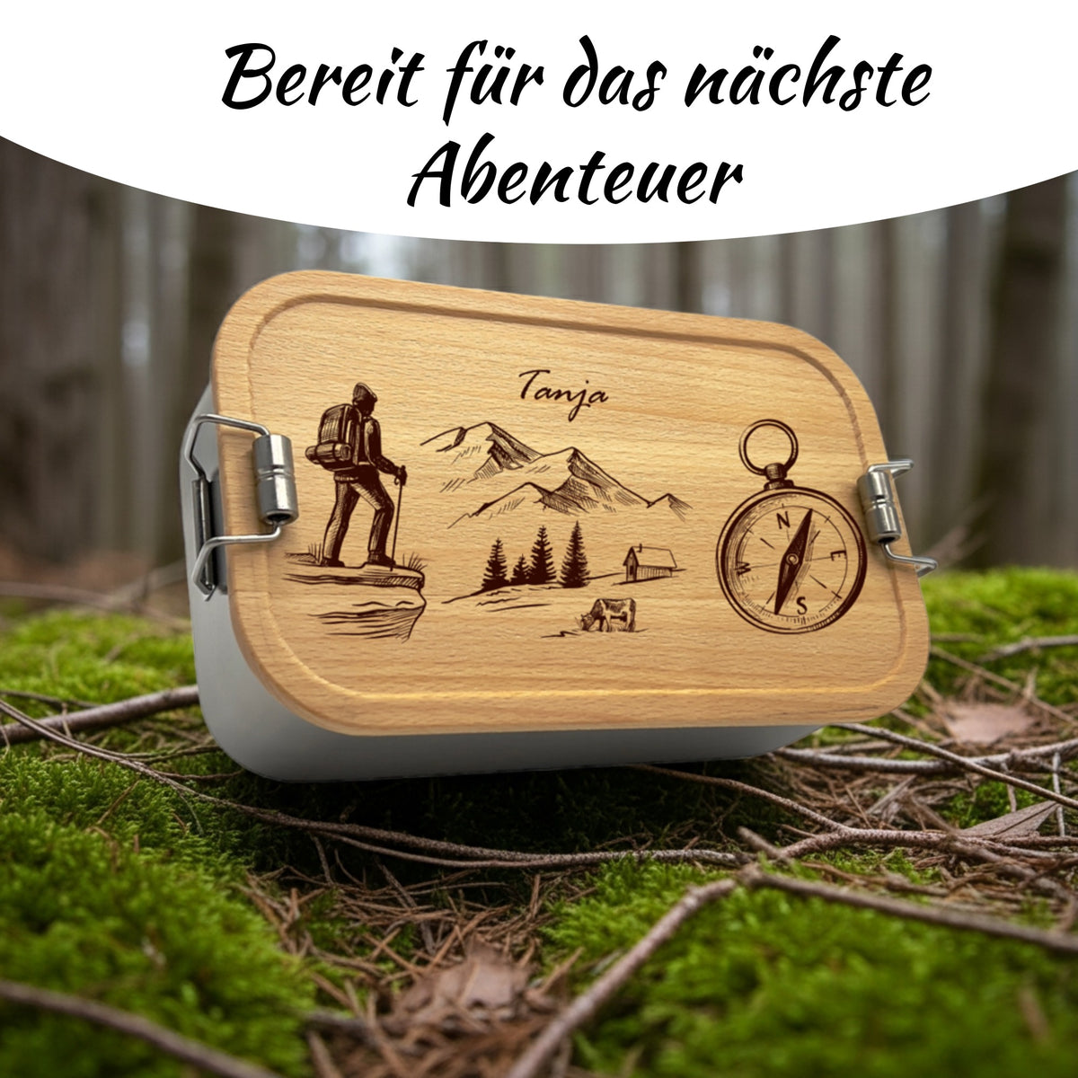 Brotdose mit Buchenholzdeckel und Wanderlust-Gravur im Wald