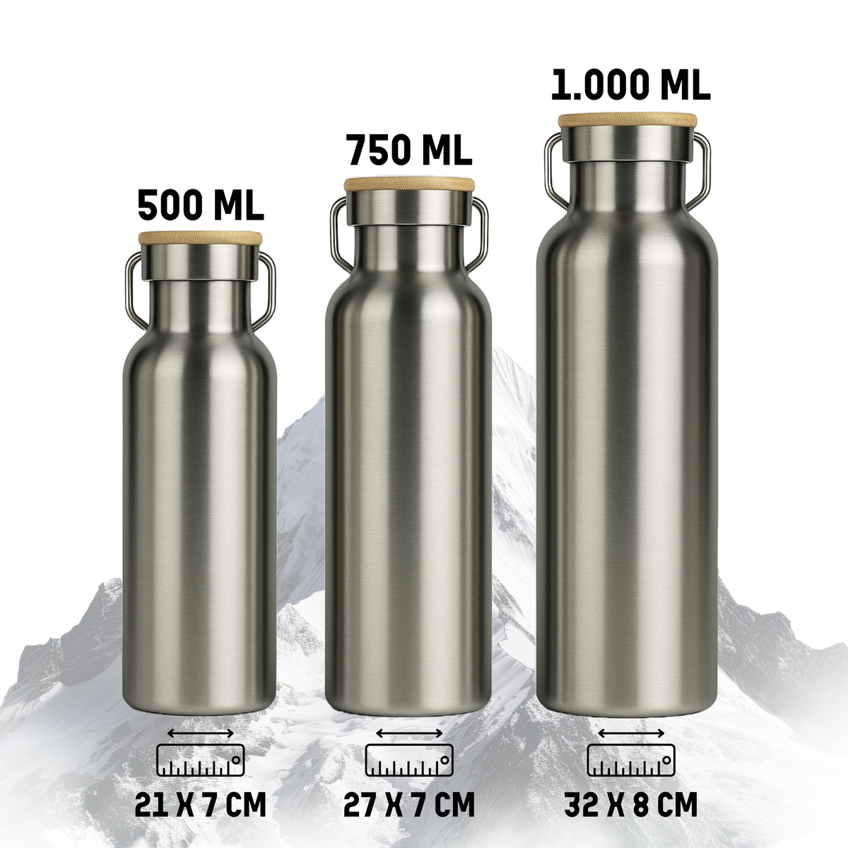 Trinkflaschen 500 ml, 750 ml und 1.000 ml im Größenvergleich